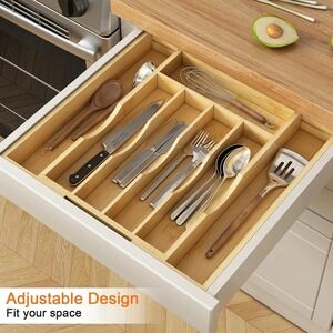 Bamboo Flatware Utensil Tray Drawer Kitchen Organizer Storage (9-Slots)